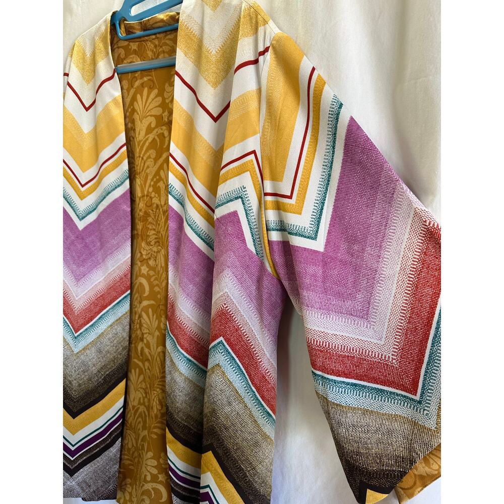 Reversible Boho Kimono Cardigan Mustard Chevron Print Flowy Sleeve Open Front - Picture 4 of 9